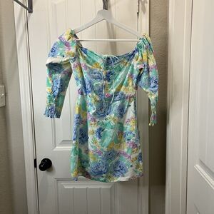 ZARA Off Shoulder Floral Watercolor Poplin Mini Dress Ruched Puff Sleeve Size S